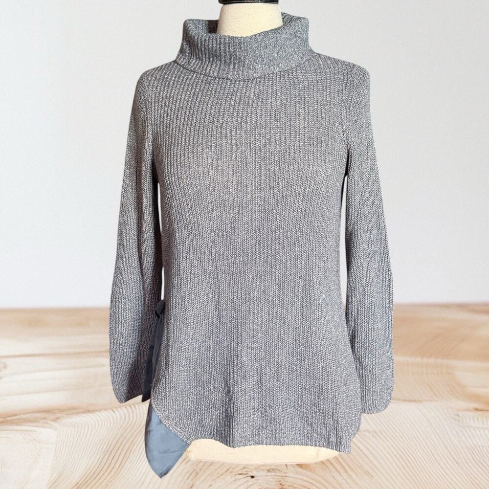 Nic + Zoe Gray Mock Neck Ribbed Knit Sweater Sz PS Gray Side Silky Tie Accent